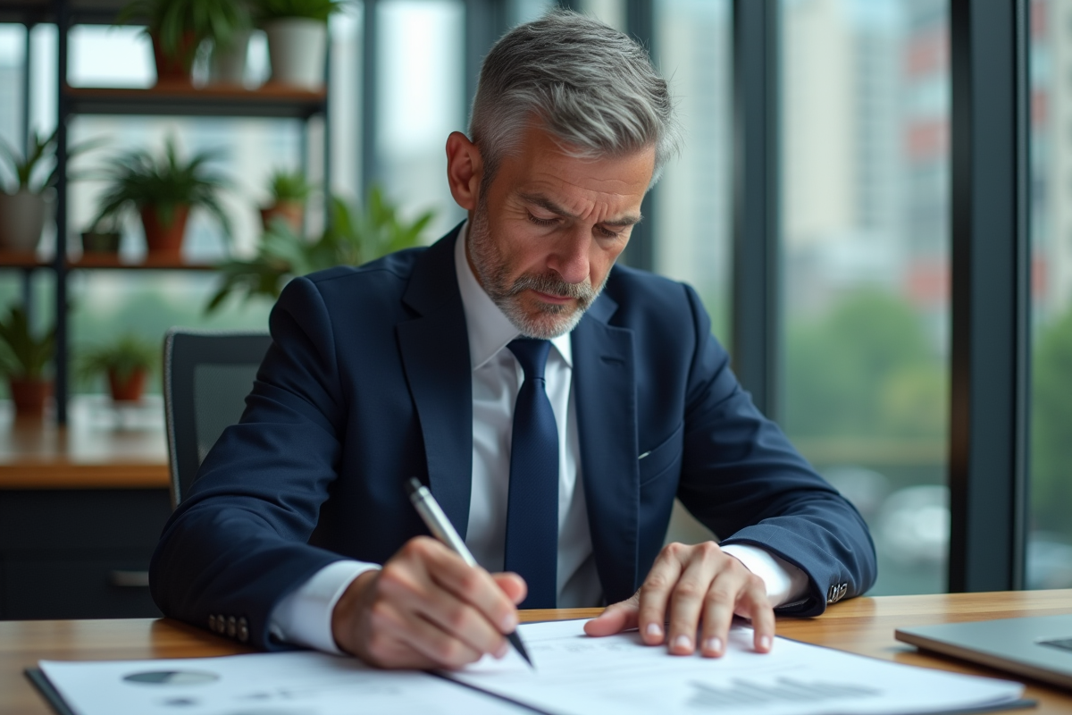 Homme d'âge moyen en costume bleu analyse des documents financiers