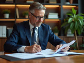 Homme d'affaires en costume bleu examinant un portefeuille SCPI