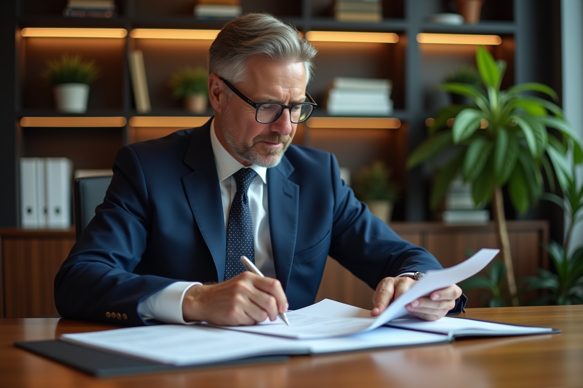 Homme d'affaires en costume bleu examinant un portefeuille SCPI