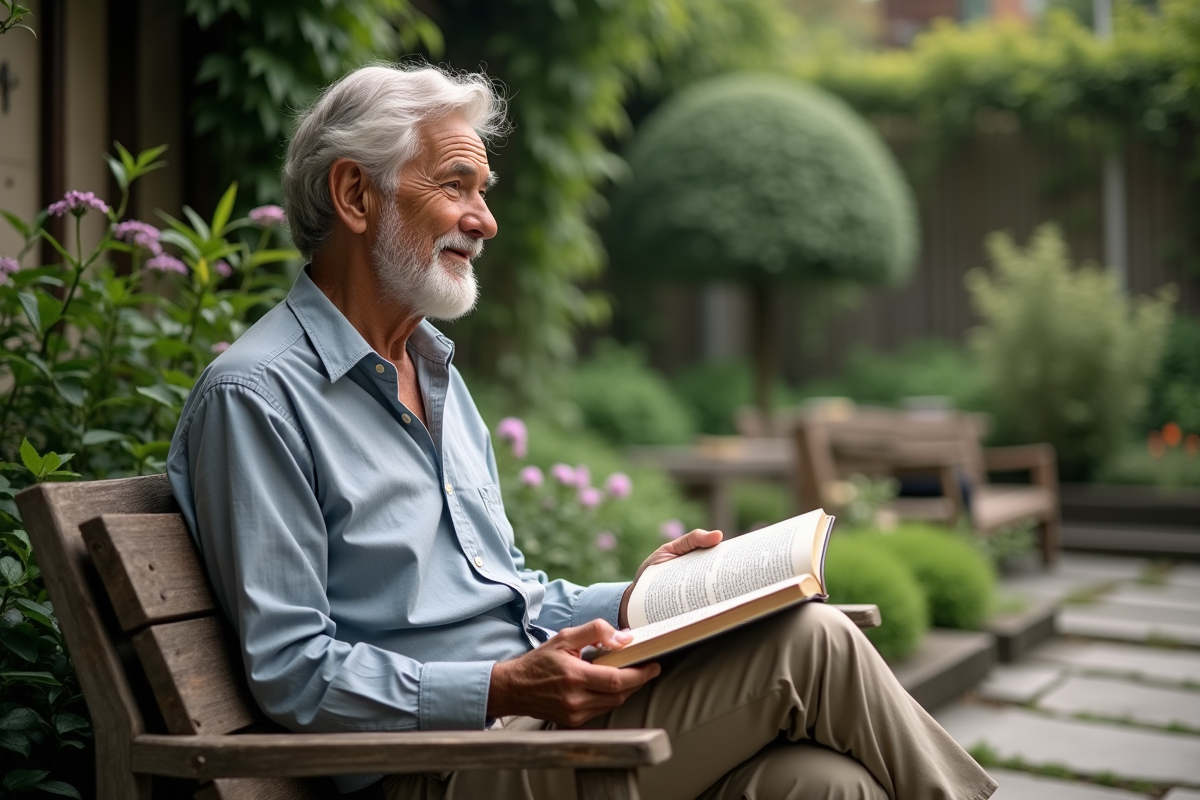 Homme âgé assis dans un jardin paisible avec un livre