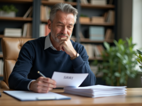 Homme d'âge moyen lisant des documents dans un bureau lumineux
