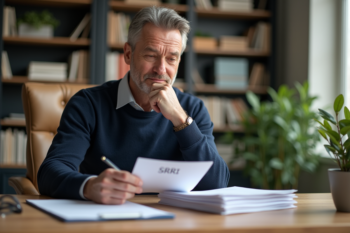 Homme d'âge moyen lisant des documents dans un bureau lumineux