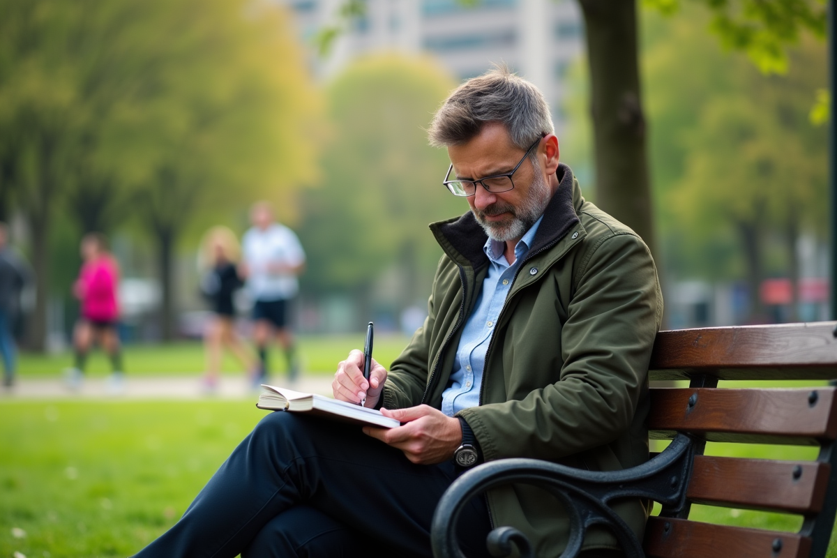 Homme lisant un journal dans un parc en plein air