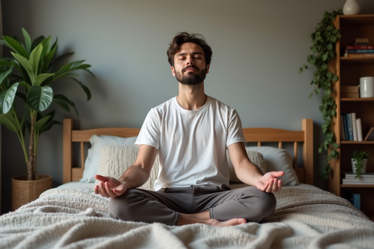 Jeune homme méditant dans son lit cosy