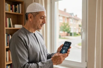 Homme musulman consultant les horaires de prières sur son smartphone dans un appartement de banlieue parisienne