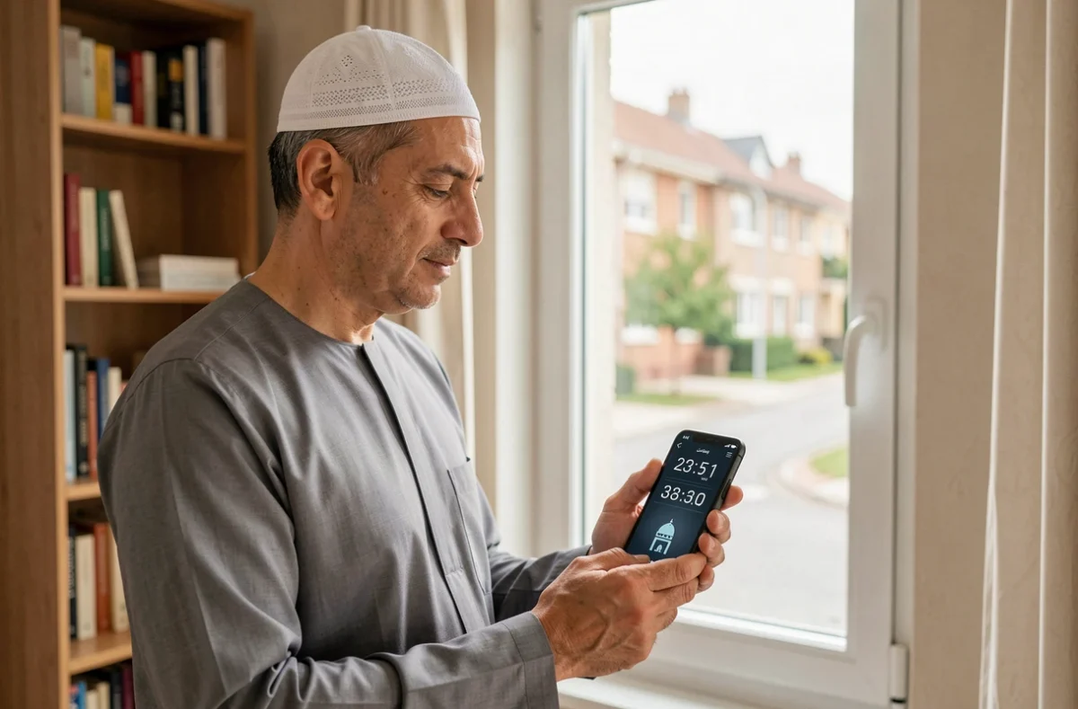 Homme musulman consultant les horaires de prières sur son smartphone dans un appartement de banlieue parisienne