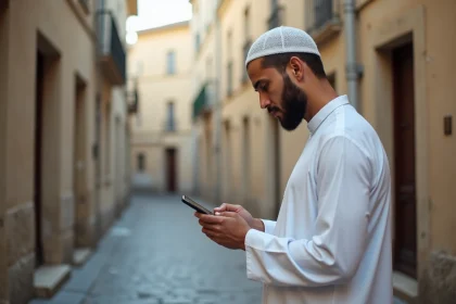 Homme musulman en thobe ajustant son application de prière sur smartphone