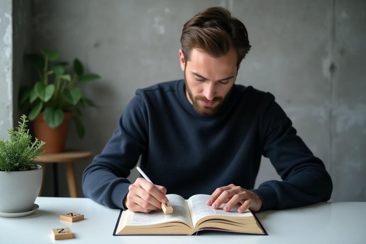 Homme consultant l'Officiel du Scrabble avec une lettre Z en bois dans la main