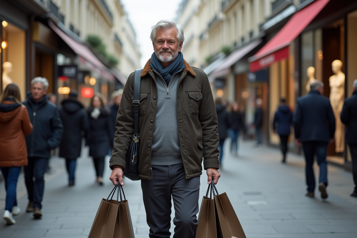 Homme d age moyen avec sacs de shopping dans une rue parisienne