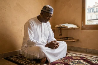 Homme en djellaba blanche priant sur un tapis de prière à Marseille pendant le Ramadan 2026