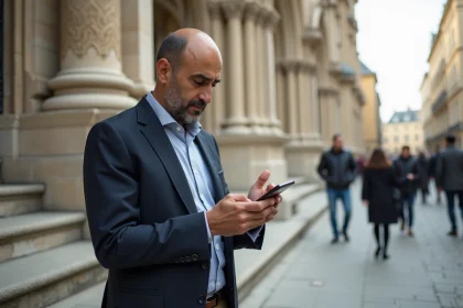 Homme d'Afrique du Nord vérifiant l'heure de prière à Reims