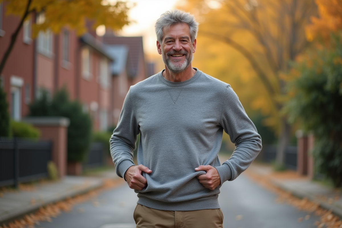 Homme vérifiant la taille de son pull dans une rue résidentielle en automne