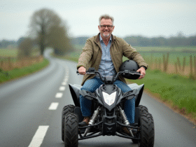 Homme d'âge moyen en jeans et veste légère sur un quad en campagne