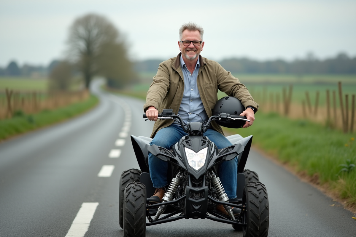 Homme d'âge moyen en jeans et veste légère sur un quad en campagne