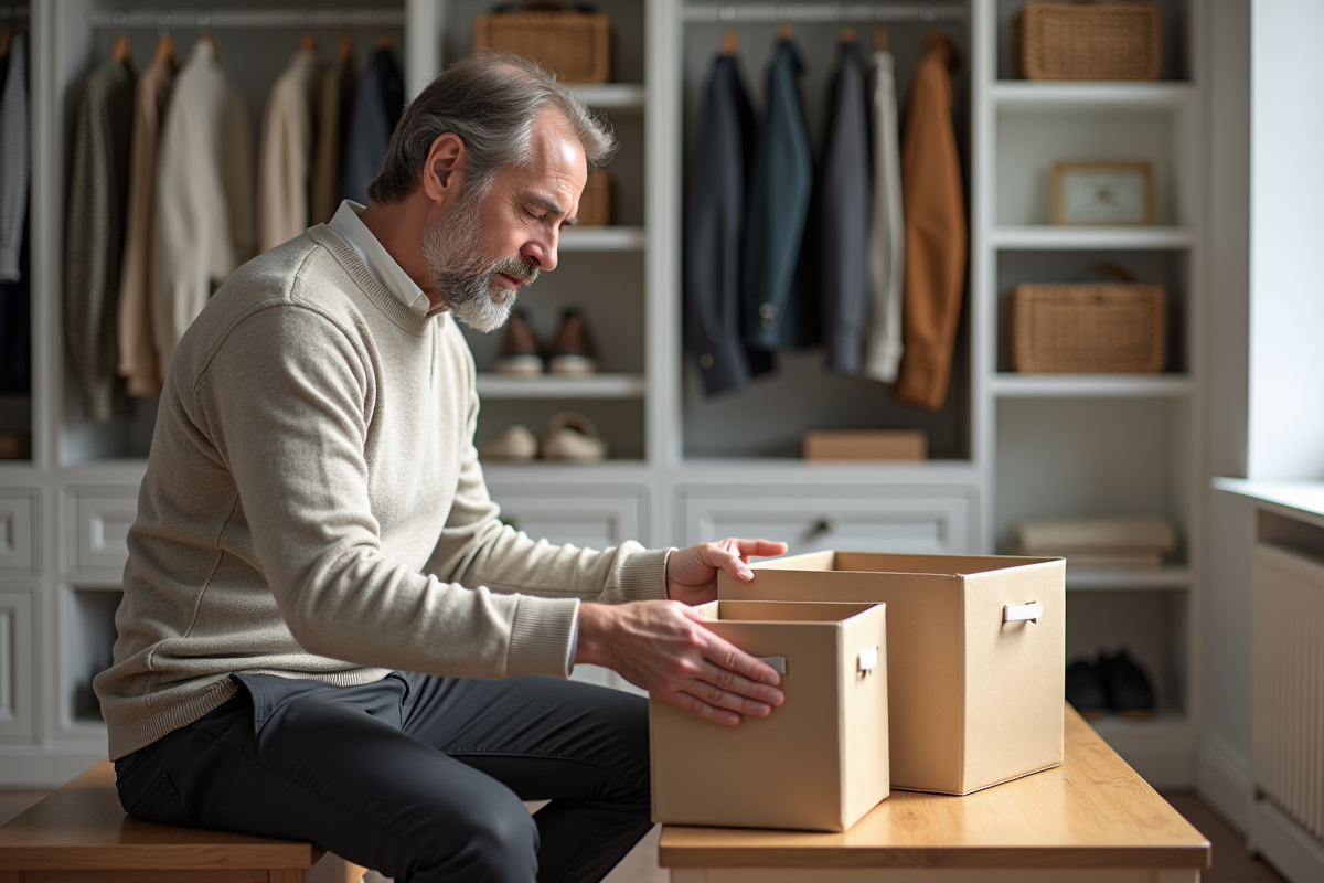 Homme triant des boîtes dans un dressing lumineux