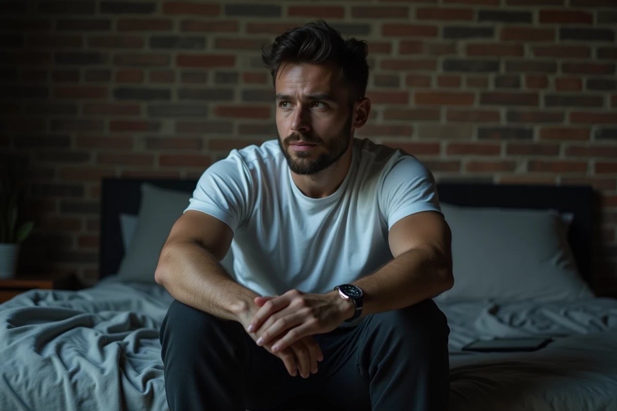 Homme assis sur son lit regardant un réveil affichant 22h55 dans un moment de crise émotionnelle