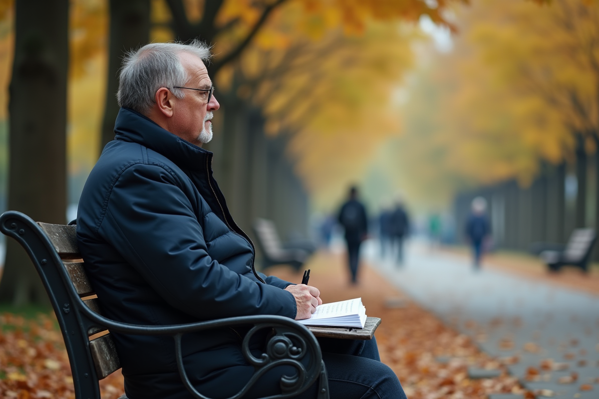 Homme assis sur un banc de parc en automne avec un carnet