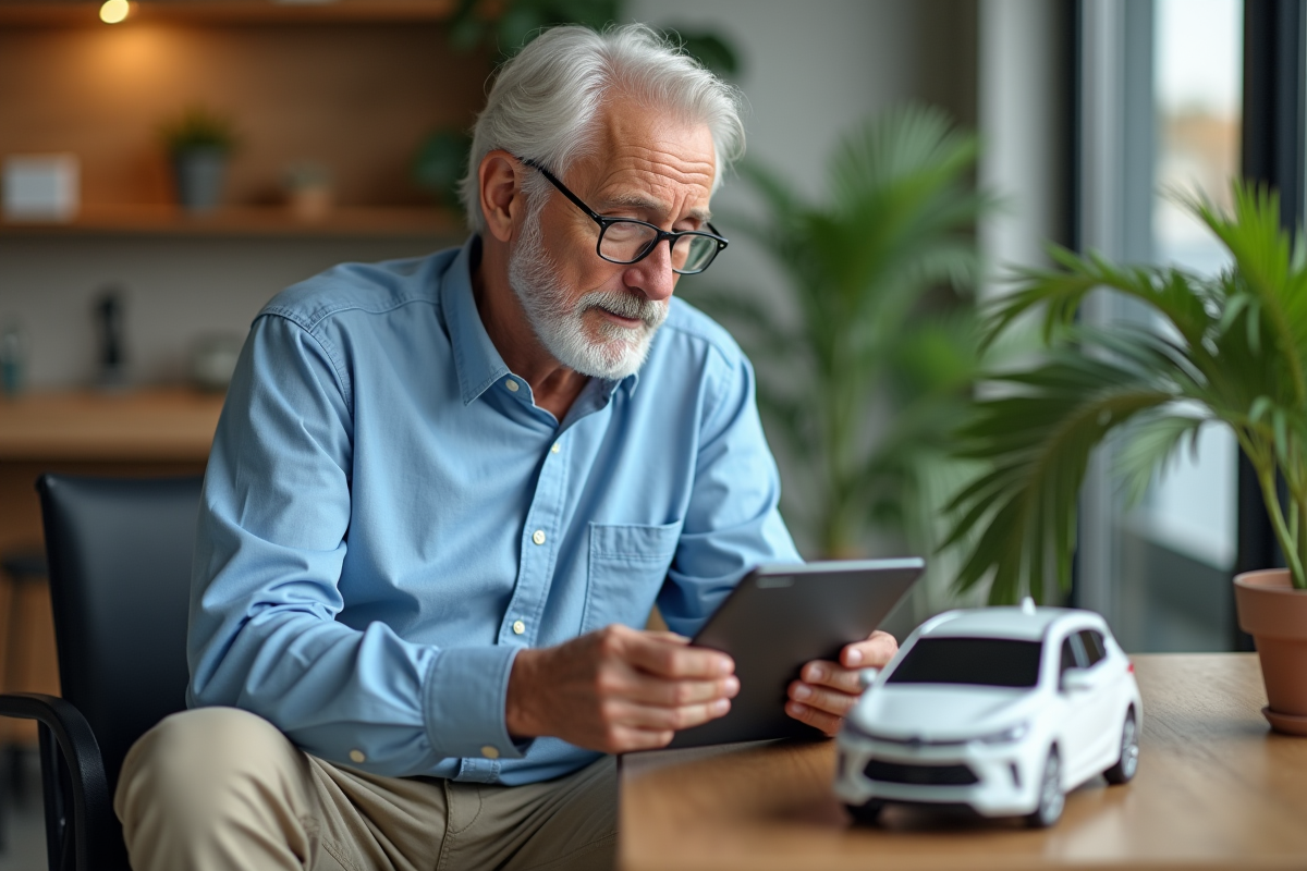 Homme âgé examinant un modèle de voiture hybride dans un bureau moderne