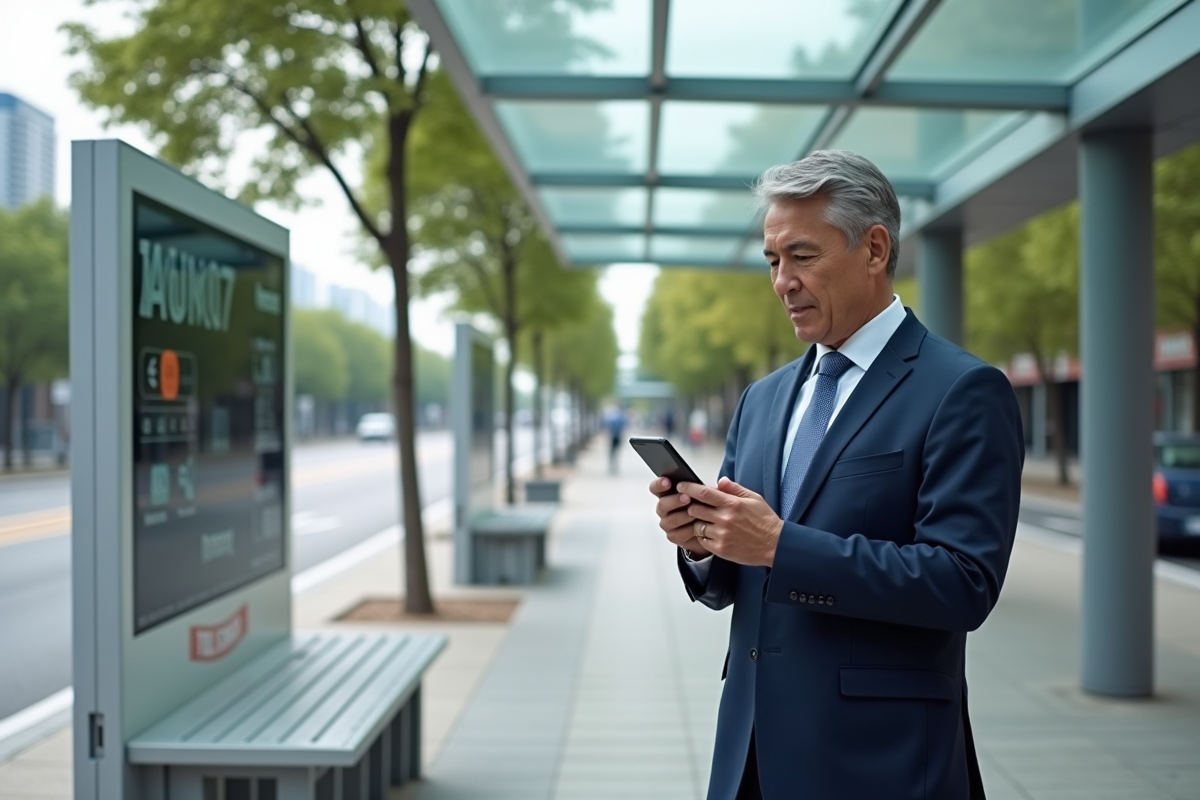 Homme en costume navy utilisant une application pour un shuttle autonome