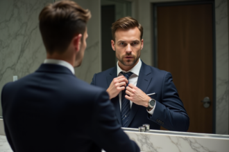 Homme en costume nouant une cravate dans la salle de bain