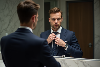 Homme en costume nouant une cravate dans la salle de bain
