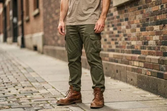 Homme en treillis cargo olive, rangers marron et henley kaki posant sur un trottoir pavé urbain