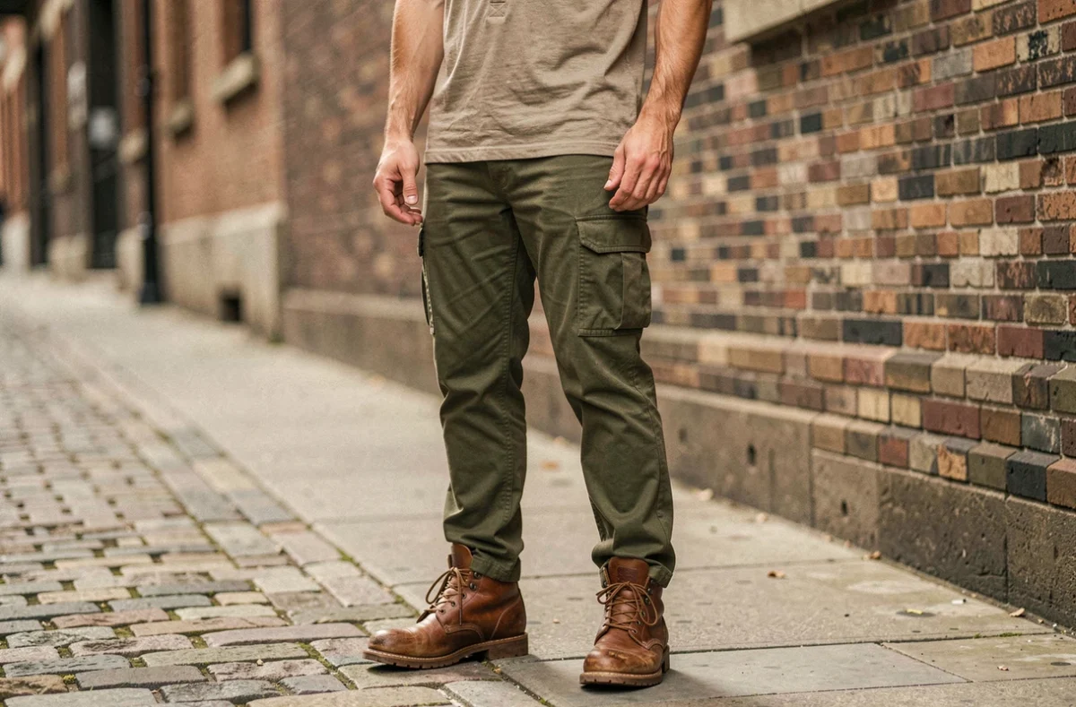 Homme en treillis cargo olive, rangers marron et henley kaki posant sur un trottoir pavé urbain
