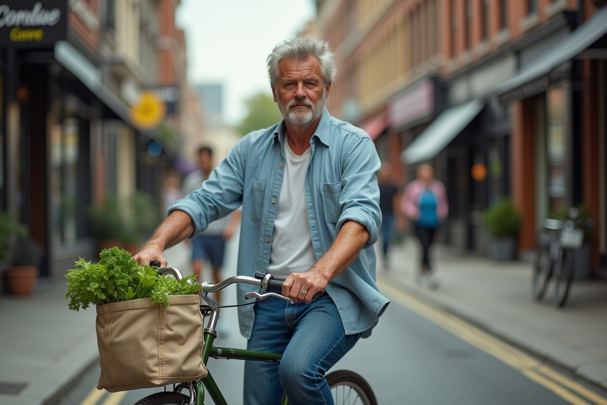 Homme avec vélo et sac de légumes en ville écologique