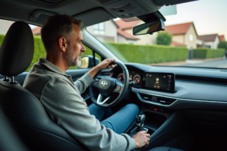 Homme d'âge moyen regardant le tableau de bord d'une voiture hybride garée