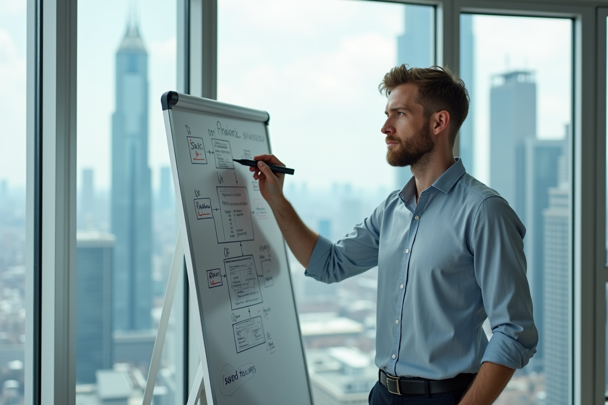 Homme esquissant un workflow fintech devant un tableau blanc