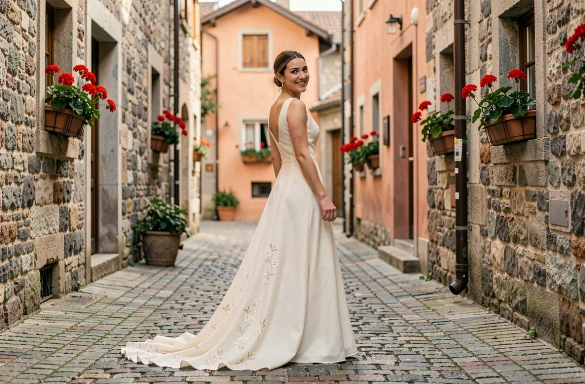 Mariée photographiée dans une ruelle de village savoyard par Image Évolution, photographe de mariage spécialisé en Savoie