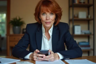 Femme tenant un smartphone affichant l'indicatif téléphonique +44 du Royaume-Uni dans un bureau à domicile
