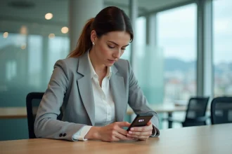 Femme professionnelle composant un numéro de téléphone suisse avec l'indicatif +41 sur son smartphone dans un bureau moderne à Zurich