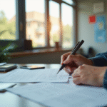 Personne remplissant un formulaire d'inscription électorale dans un bureau moderne