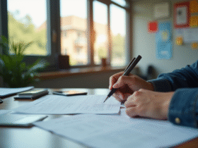Personne remplissant un formulaire d'inscription électorale dans un bureau moderne