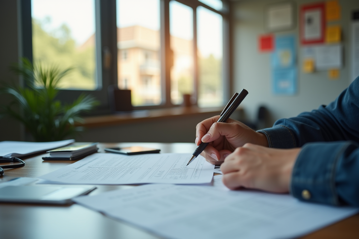 Personne remplissant un formulaire d'inscription électorale dans un bureau moderne