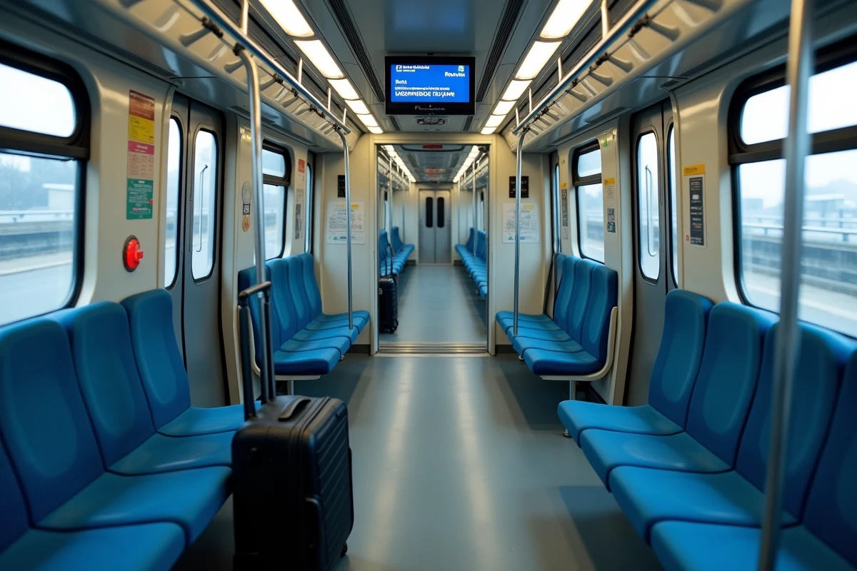 Intérieur d'un train RER B en direction de l'aéroport Charles de Gaulle à Paris