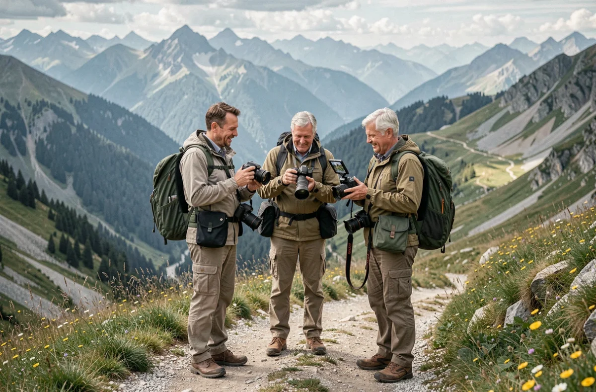 Le collectif Itinérances Photo réunissant plusieurs photographes sur un sentier alpin en Savoie, entourés de panoramas montagneux