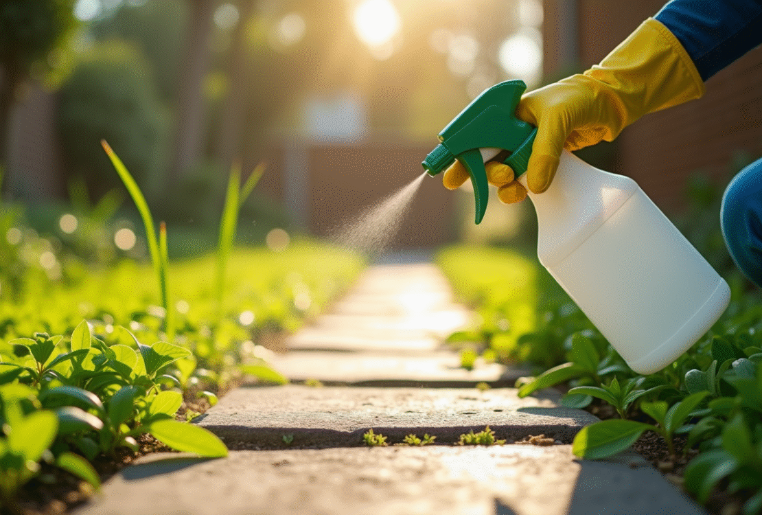Main gantée pulvérisant herbicide sur mauvaises herbes