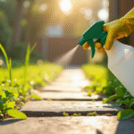 Main gantée pulvérisant herbicide sur mauvaises herbes