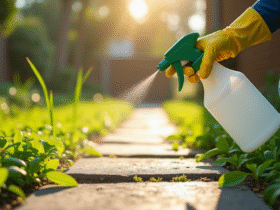 Main gantée pulvérisant herbicide sur mauvaises herbes