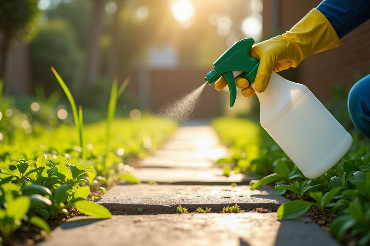 Main gantée pulvérisant herbicide sur mauvaises herbes