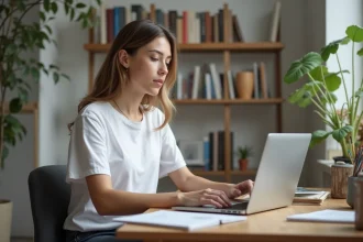 Jeune artiste cherchant un emploi créatif en ligne depuis son studio à domicile