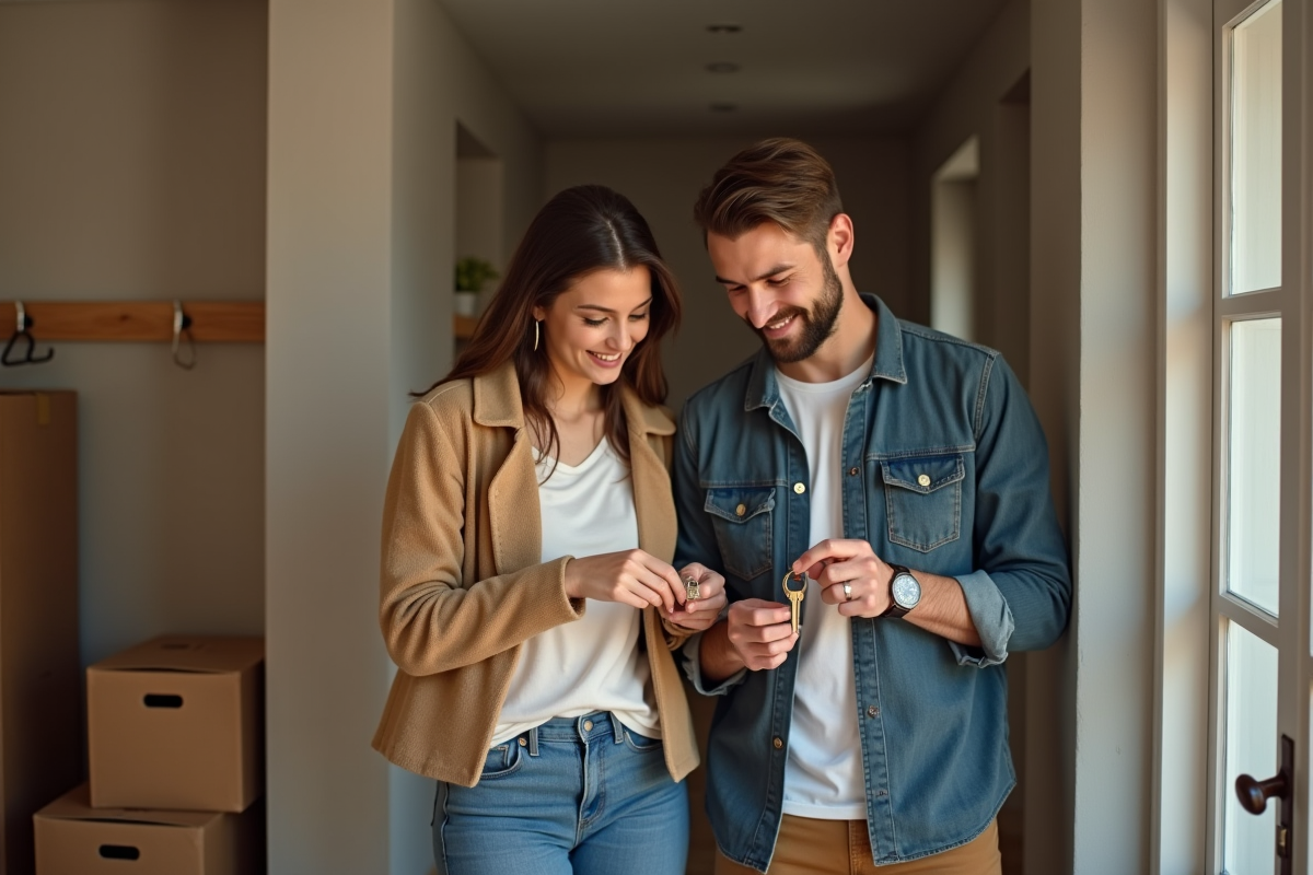 Jeune couple souriant tenant des clés devant leur nouveau logement