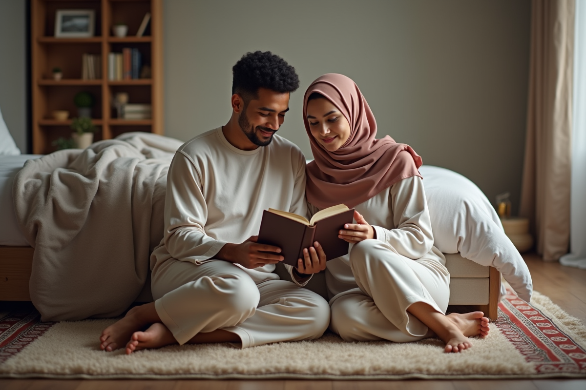 Jeune couple musulman lisant ensemble dans leur salon