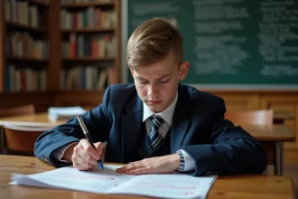Jeune garçon en uniforme scolaire corrige un devoir en classe