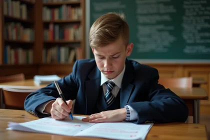 Jeune garçon en uniforme scolaire corrige un devoir en classe