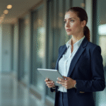 Jeune femme en costume d'affaires dans un lobby moderne