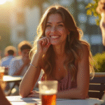 Jeune femme Clara Charlotte riant au café en plein air