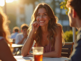 Jeune femme Clara Charlotte riant au café en plein air